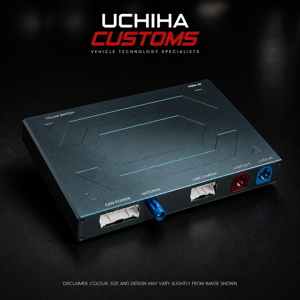 Electronic module for Apple Carplay with connectors on a dark background, featuring 'Uchiha Customs' branding.