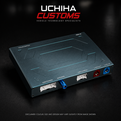 Electronic module for Apple Carplay with connectors on a dark background, featuring 'Uchiha Customs' branding.