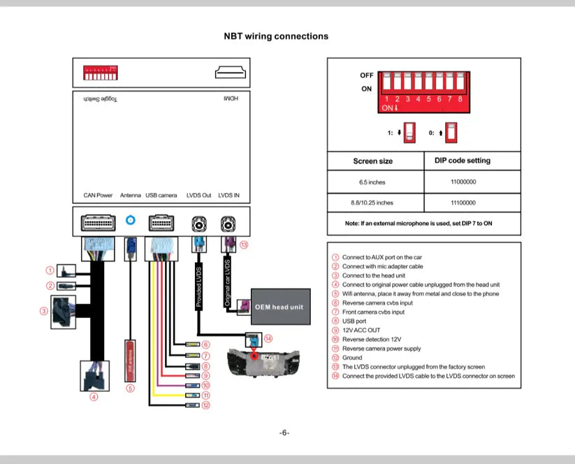 Wiring diagram for NBT system with various connectors and settings.